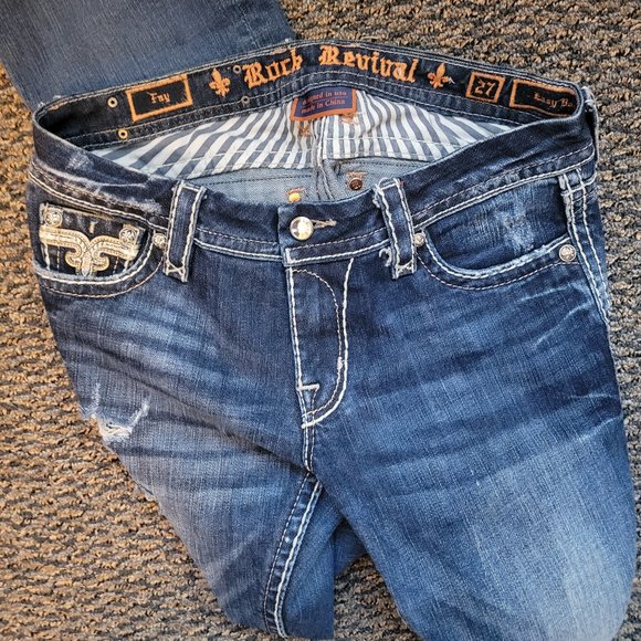 Rock Revival Fay Easy Boot Distressed Jeans Size 27 Rhinestone Pocket Bling - Picture 13 of 13